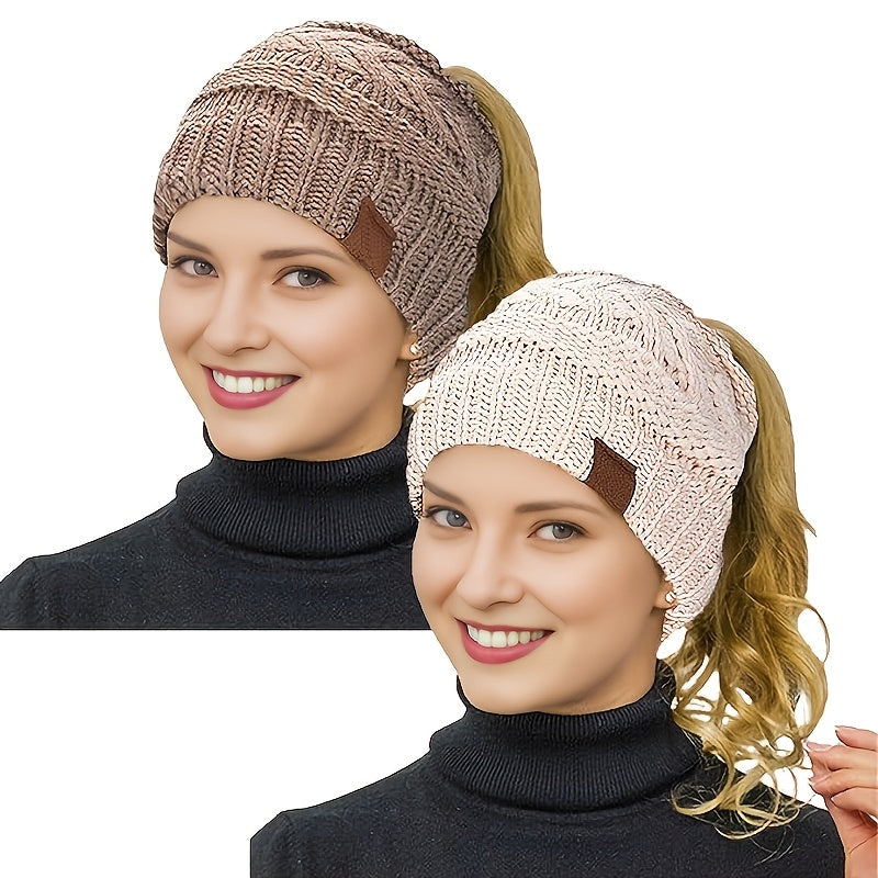 1/2pcs Women's Ponytail Hat Winter Warm Fleece Hat Soft Elastic Braided Messy High Bun Hat - Ponytail Women's