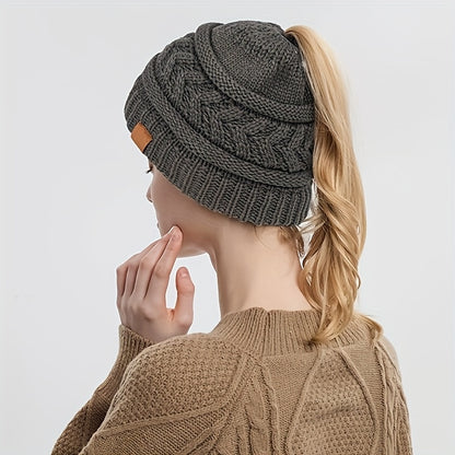 1/2pcs Women's Ponytail Hat Winter Warm Fleece Hat Soft Elastic Braided Messy High Bun Hat - Ponytail Women's