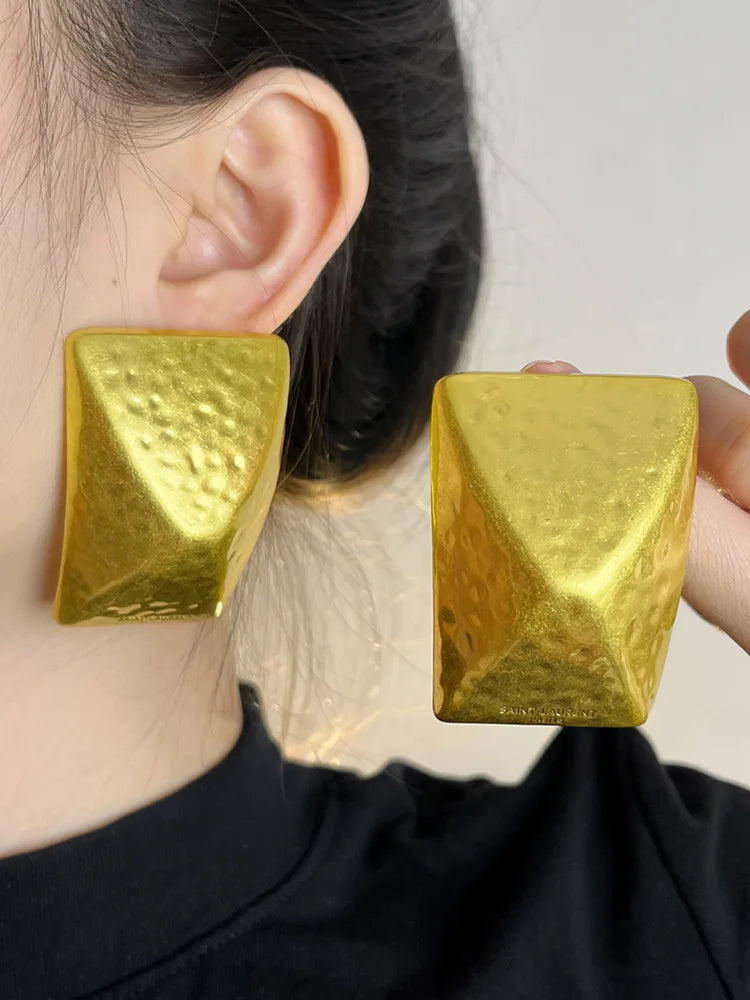 Exaggerated Metal Texture Pattern Geometric Square Hollow Earrings for Women Retro Unique Design Heavy Jewelry Gifts