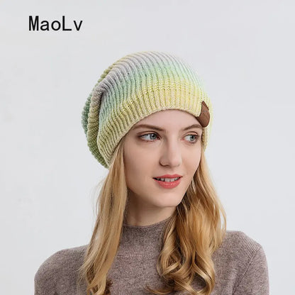 Colorful Plush Knitted Hat for Women Winter Gradient Color Warm Wool Cap Female Skull Beanies Outdoor Thickened Bonnet tool