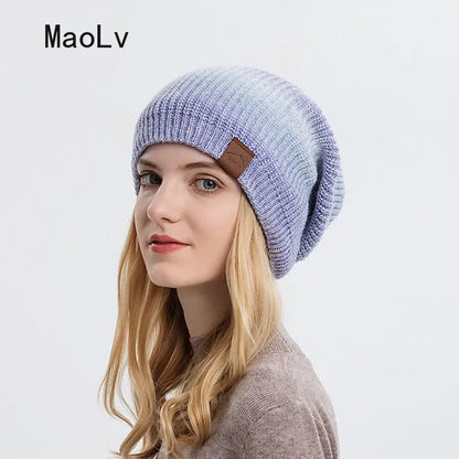 Colorful Plush Knitted Hat for Women Winter Gradient Color Warm Wool Cap Female Skull Beanies Outdoor Thickened Bonnet tool