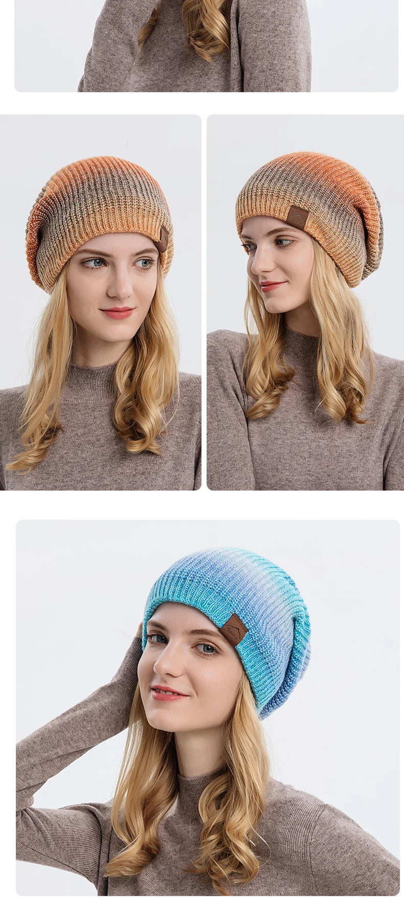 Colorful Plush Knitted Hat for Women Winter Gradient Color Warm Wool Cap Female Skull Beanies Outdoor Thickened Bonnet tool