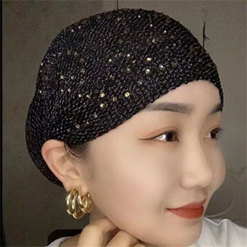 Breathable Mesh Diamonds Turban Hat Elastic Women Summer Lace Head Cover Cap Muslim Headscarf Bonnet Lady Hair Loss Hat