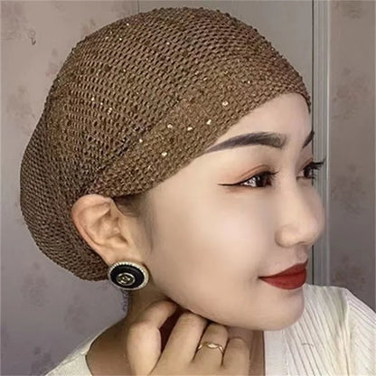 Breathable Mesh Diamonds Turban Hat Elastic Women Summer Lace Head Cover Cap Muslim Headscarf Bonnet Lady Hair Loss Hat