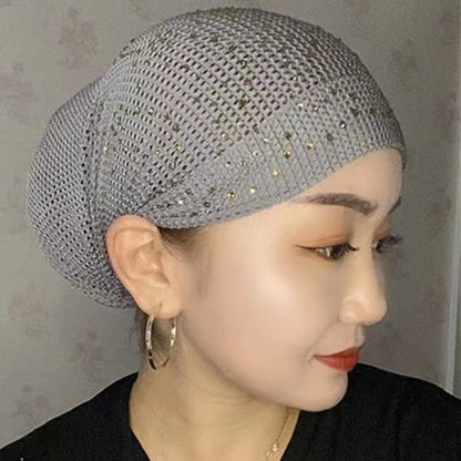 Breathable Mesh Diamonds Turban Hat Elastic Women Summer Lace Head Cover Cap Muslim Headscarf Bonnet Lady Hair Loss Hat