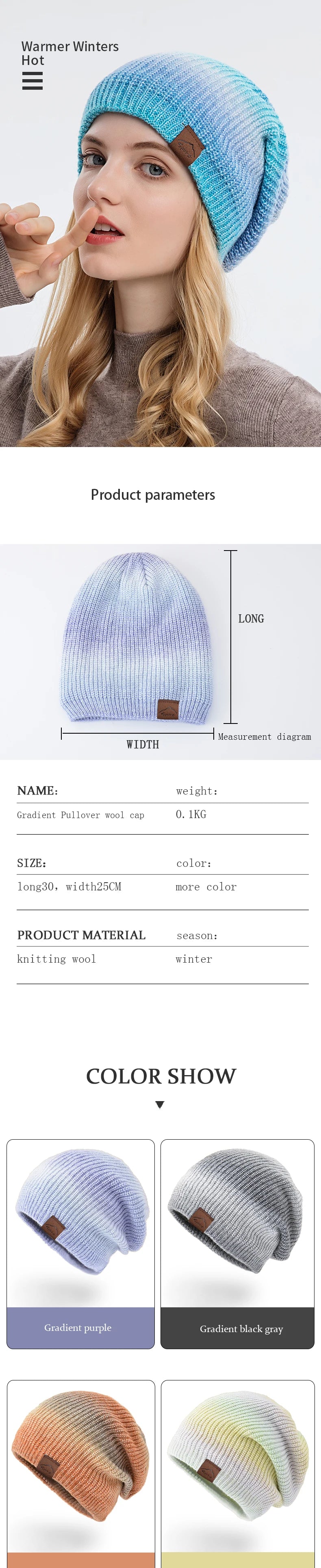 Colorful Plush Knitted Hat for Women Winter Gradient Color Warm Wool Cap Female Skull Beanies Outdoor Thickened Bonnet tool