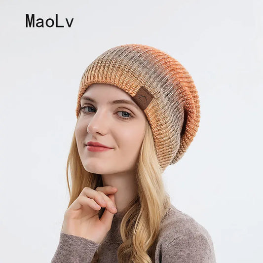 Colorful Plush Knitted Hat for Women Winter Gradient Color Warm Wool Cap Female Skull Beanies Outdoor Thickened Bonnet tool