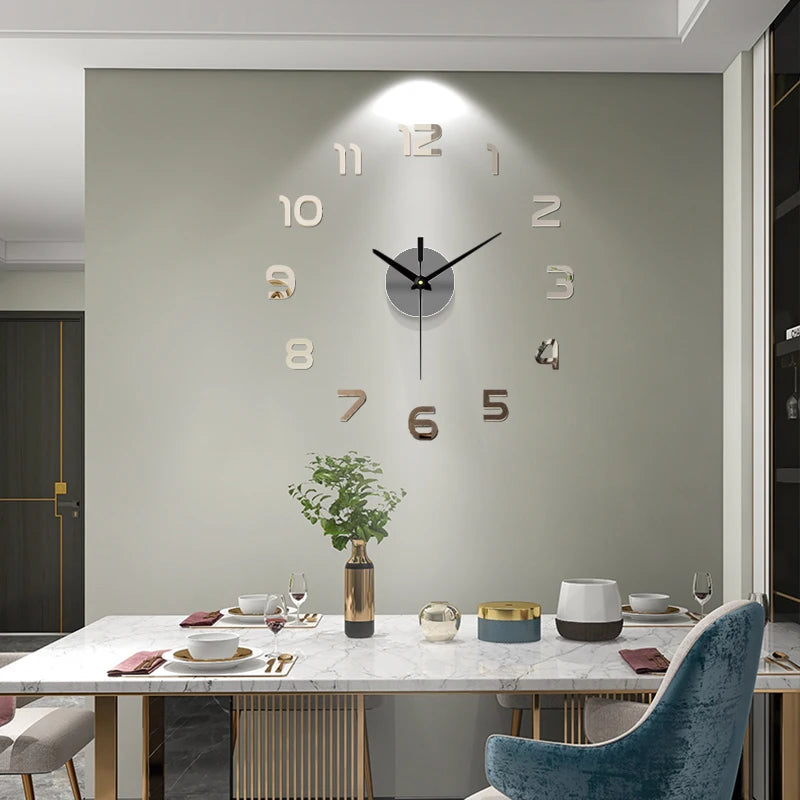 Large Wall Clock Quartz 3D DIY Big Watch Decorative Kitchen Clocks Acrylic Mirror Sticker Oversize Wall Clocks Home Letter Decor