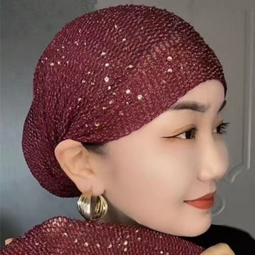 Breathable Mesh Diamonds Turban Hat Elastic Women Summer Lace Head Cover Cap Muslim Headscarf Bonnet Lady Hair Loss Hat