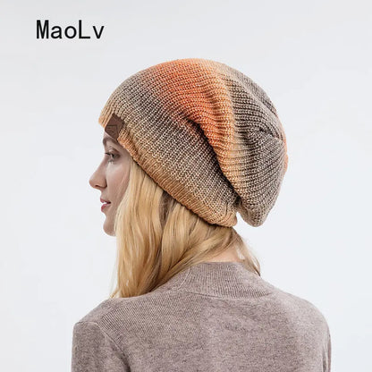 Colorful Plush Knitted Hat for Women Winter Gradient Color Warm Wool Cap Female Skull Beanies Outdoor Thickened Bonnet tool