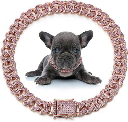 Dog Chain Collar Diamond Cuban Link Necklace Metal Cat Chain Pet Crystal Collar Jewelry Accessories for  Dogs Cats