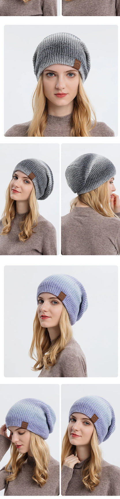 Colorful Plush Knitted Hat for Women Winter Gradient Color Warm Wool Cap Female Skull Beanies Outdoor Thickened Bonnet tool