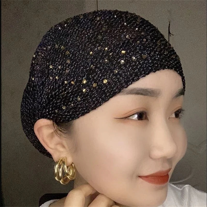 Breathable Mesh Diamonds Turban Hat Elastic Women Summer Lace Head Cover Cap Muslim Headscarf Bonnet Lady Hair Loss Hat