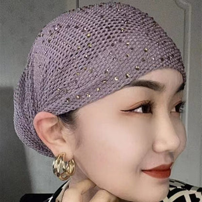 Breathable Mesh Diamonds Turban Hat Elastic Women Summer Lace Head Cover Cap Muslim Headscarf Bonnet Lady Hair Loss Hat