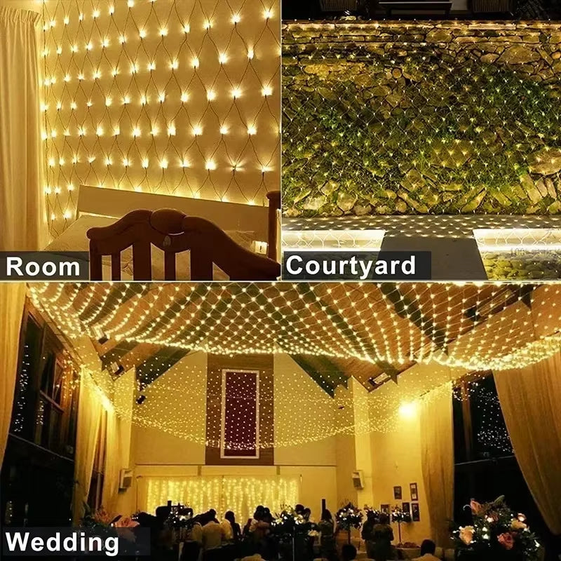 Christmas Net Mesh String Light Outdoor LED Garden Holiday Party Wedding Fairy Light Garland Tree Bushes Fence Wall Decor