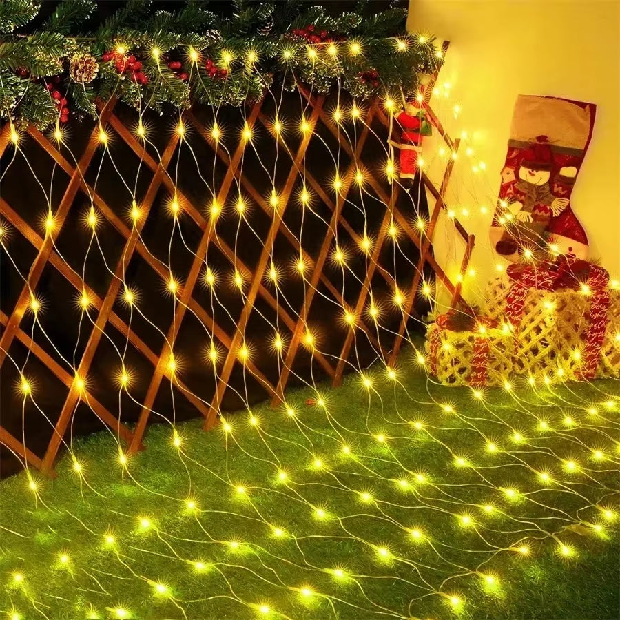 Christmas Net Mesh String Light Outdoor LED Garden Holiday Party Wedding Fairy Light Garland Tree Bushes Fence Wall Decor