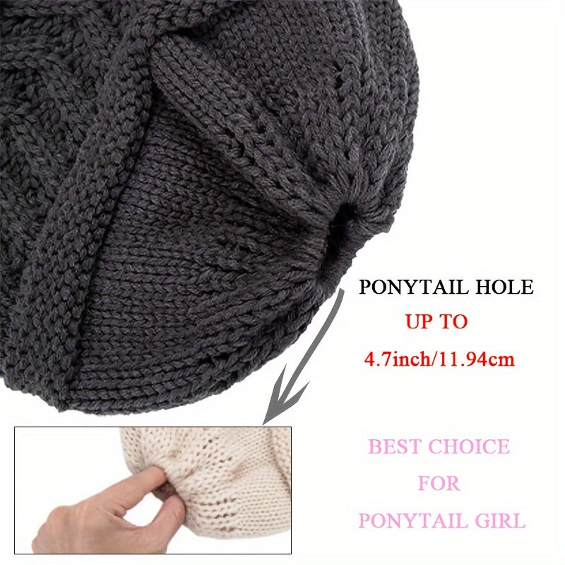 1/2pcs Women's Ponytail Hat Winter Warm Fleece Hat Soft Elastic Braided Messy High Bun Hat - Ponytail Women's