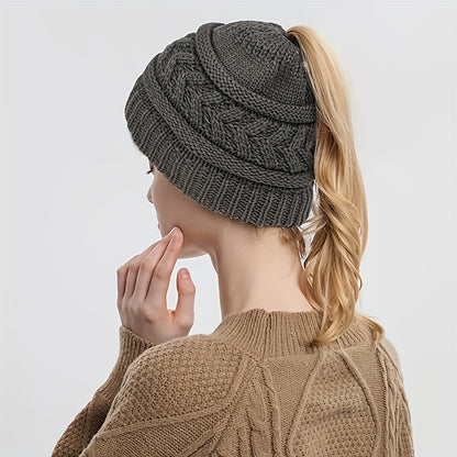 1/2pcs Women's Ponytail Hat Winter Warm Fleece Hat Soft Elastic Braided Messy High Bun Hat - Ponytail Women's