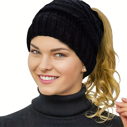 1/2pcs Women's Ponytail Hat Winter Warm Fleece Hat Soft Elastic Braided Messy High Bun Hat - Ponytail Women's